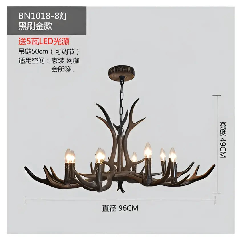 DecorBites antler chandelier with dark bronze finish resin antlers and eight lit LED lights for rustic cafe decor