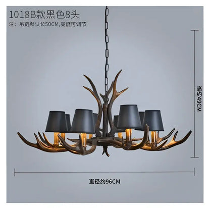 Decorbites antler chandelier with matte black lampshades and rustic metallic resin finish for vintage cafe decor