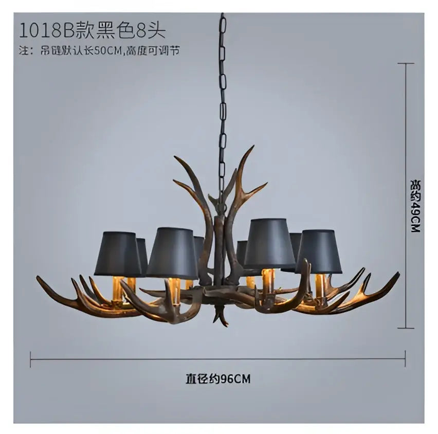 Decorbites antler chandelier with matte black lampshades and rustic metallic resin finish for vintage cafe decor