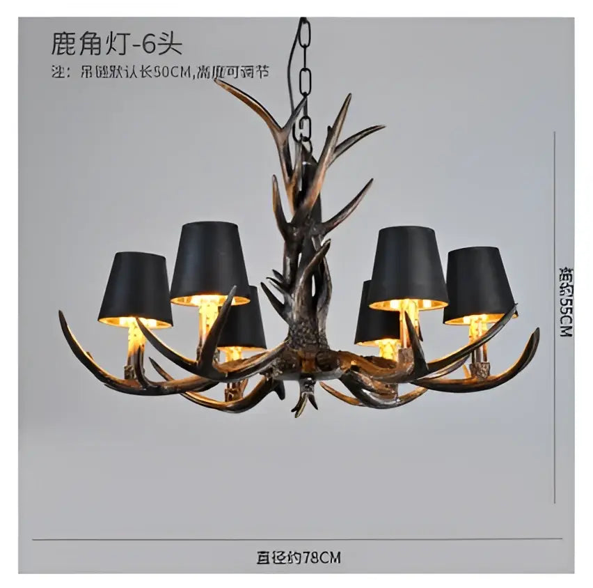 Black matte finish decorbites antler chandelier with six lamp shades in rustic resin art deco style for restaurant decor