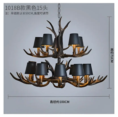 Decorbites antler chandelier with black shades and bronze-finished metal frame for rustic art deco restaurant decor