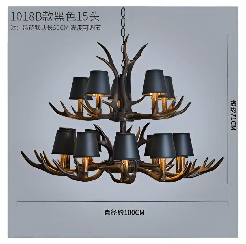 Decorbites antler chandelier with black shades and bronze-finished metal frame for rustic art deco restaurant decor