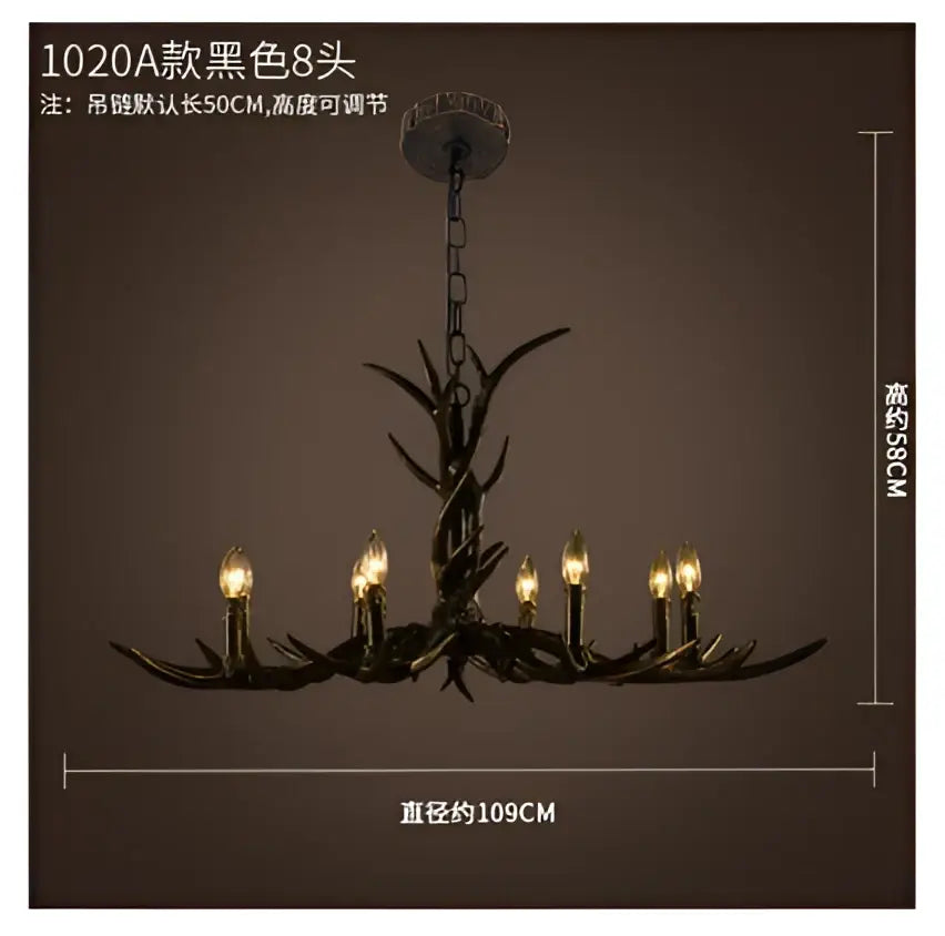 Black DecorBites antler chandelier with eight lit bulbs, rustic resin design, adjustable height for restaurant or cafe decor