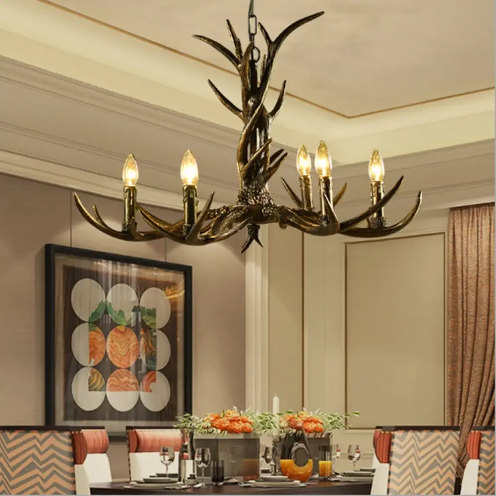 DecorBites antler chandelier with dark bronze finish six lit bulbs rustic resin art deco lamp for cafe decor