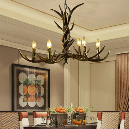 DecorBites antler chandelier with dark bronze finish six lit bulbs rustic resin art deco lamp for cafe decor