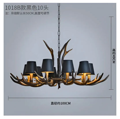 Decorbites antler chandelier with ten black lampshades and dark bronze resin finish for rustic cafe decor