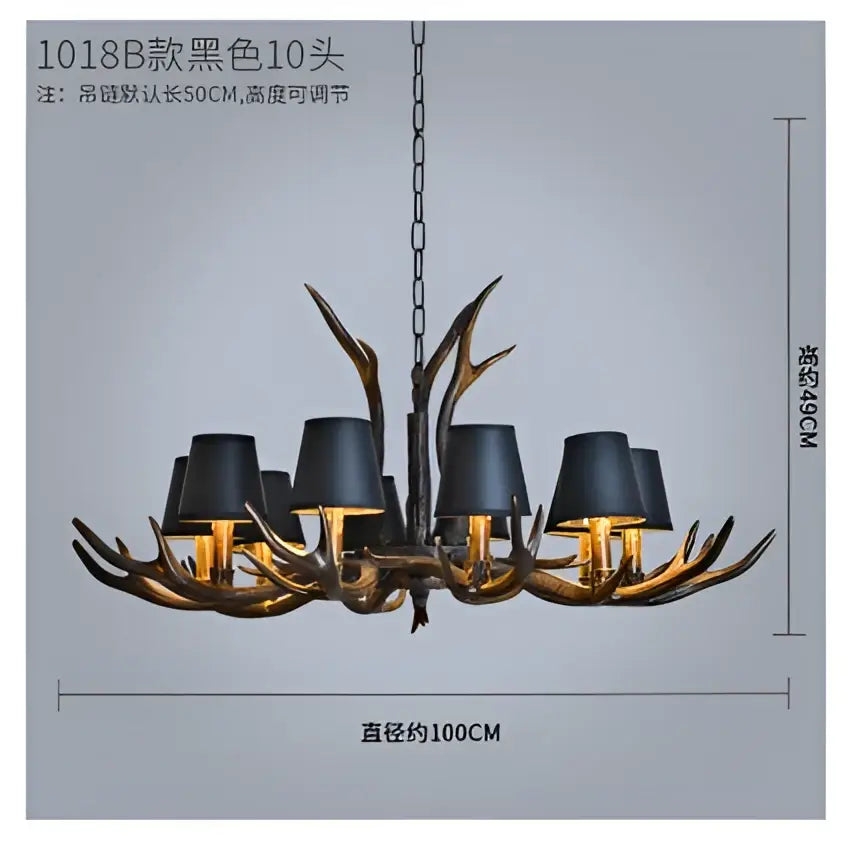 Decorbites antler chandelier with ten black lampshades and dark bronze resin finish for rustic cafe decor