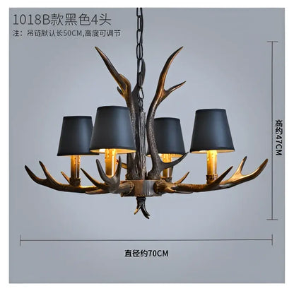 DecorBites antler chandelier with black lampshades and dark metallic finish for rustic art deco cafe decor