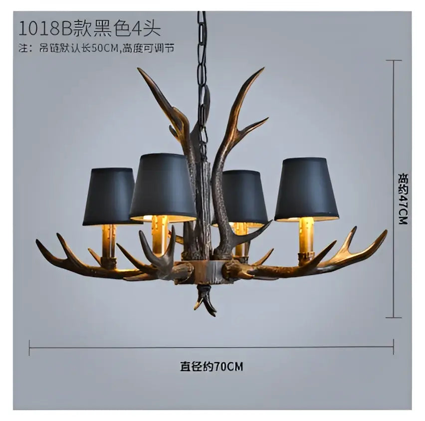 DecorBites antler chandelier with black lampshades and dark metallic finish for rustic art deco cafe decor