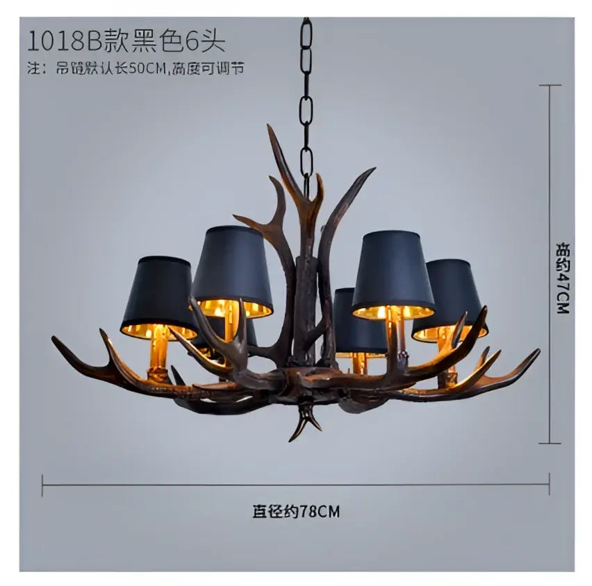 Black decorbites antler chandelier with six matte black lampshades and chain suspension for rustic decor