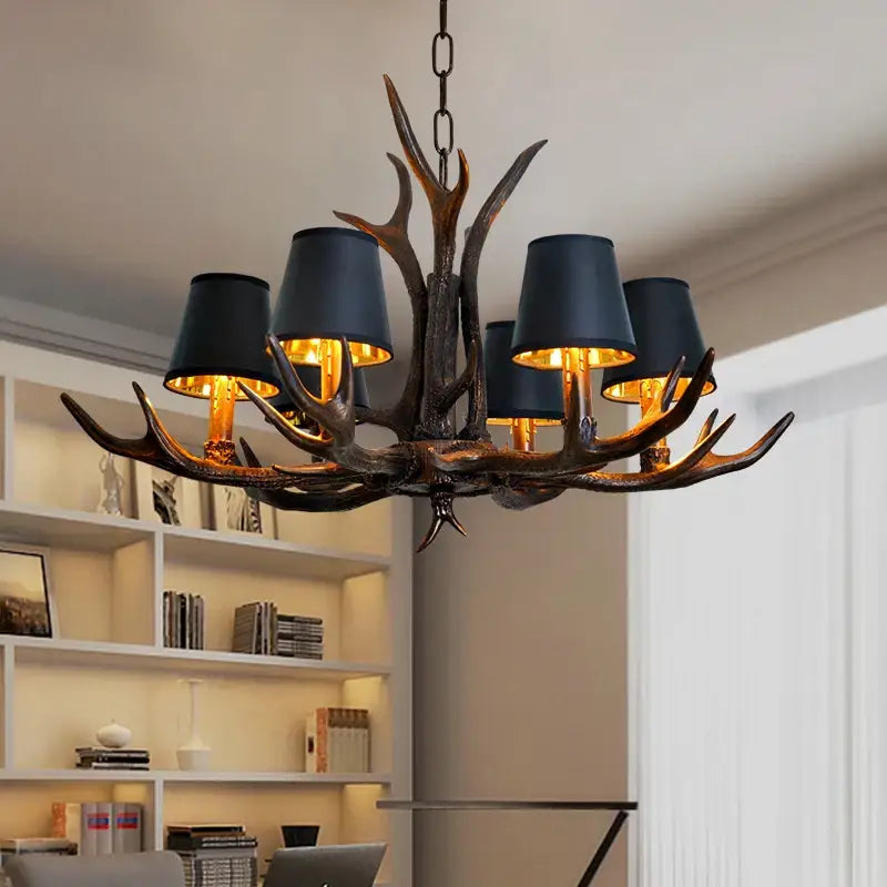 Decorbites antler chandelier with dark bronze finish black lampshades rustic resin art deco restaurant cafe decor lamp
