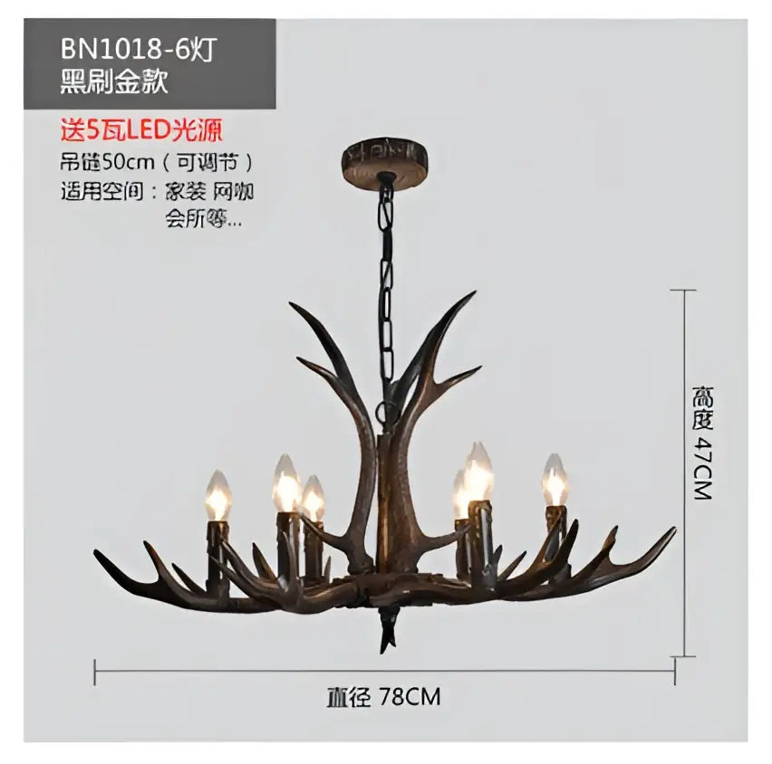DecorBites antler chandelier in dark bronze resin with six lit led bulbs for rustic restaurant cafe decor