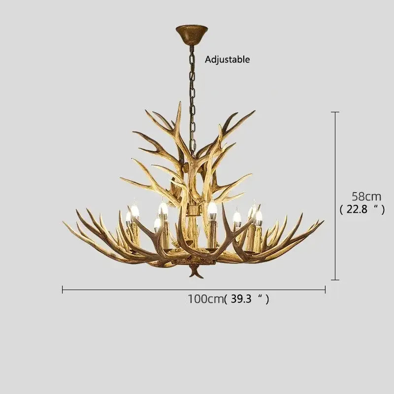 Decorbites antler deer chandelier with golden finish and multiple candle-style bulbs rustic resin hanging lamp