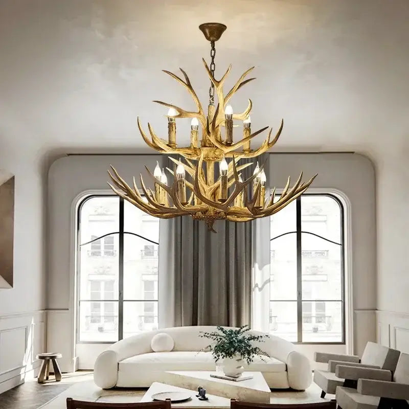 Decorbites antler deer chandelier with golden resin antlers and multiple lit bulbs for rustic living room décor