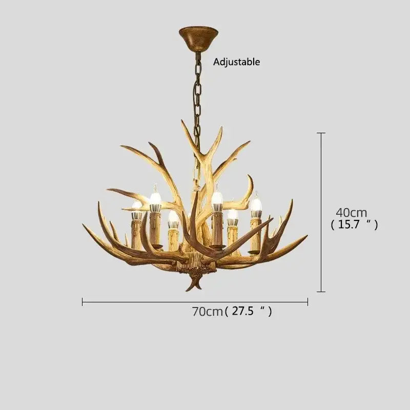 DecorBites antler deer chandelier with bronze finish resin and six candle-style lights for living room and loft