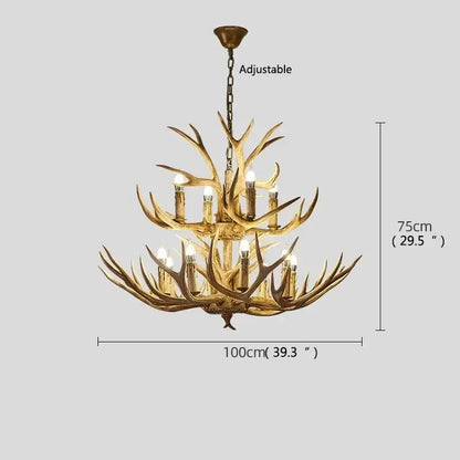 Gold-finished multi-tier decorbites antler deer chandelier with candle-style bulbs rustic resin hanging lamp for living room