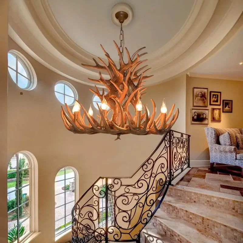 DecorBites antler pendant chandelier with warm natural wood finish and multiple candle-style bulbs for home decor