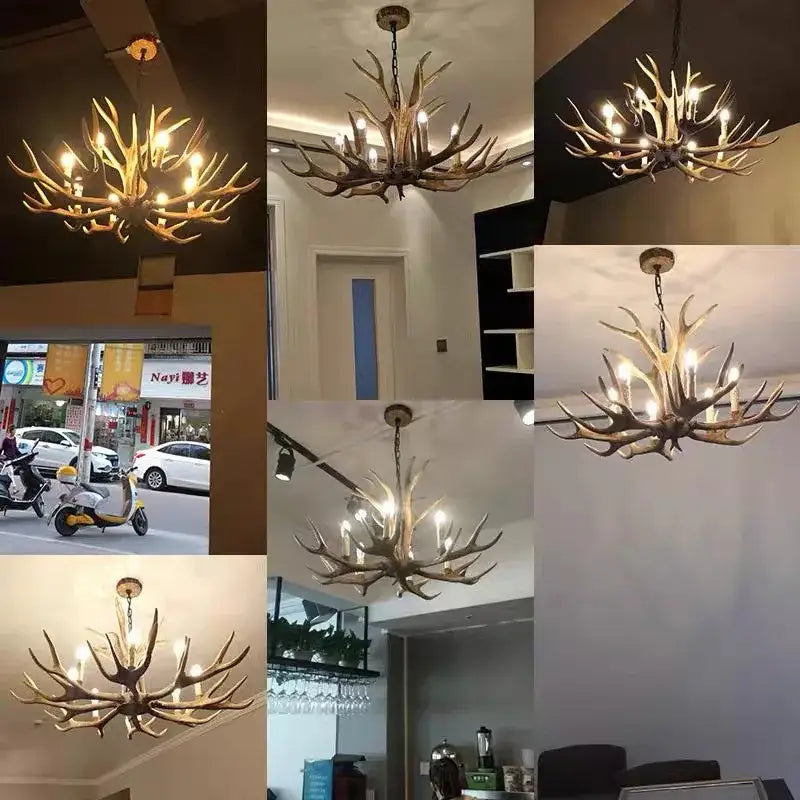 Decorbites antler pendant chandelier featuring warm-toned lights and rustic deer horn design for industrial home decor