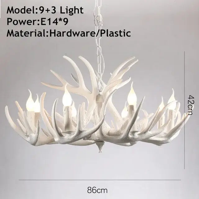 White antler pendant chandelier with nine bulbs and three lights made of hardware and plastic decorbites antler pendant