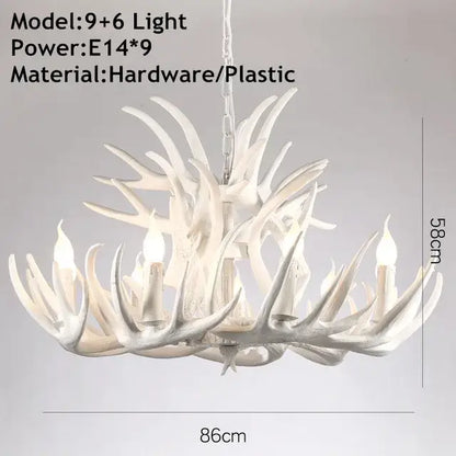 White antler pendant chandelier with nine candle-style lights made of hardware and plastic by decorbites antler pendant