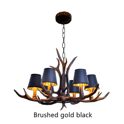 Decorbites antler resin chandelier with brushed gold and black finish and five dark navy lampshades in american country style