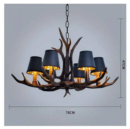 Decorbites antler resin chandelier with six black lampshades and dark bronze finish in american country retro style