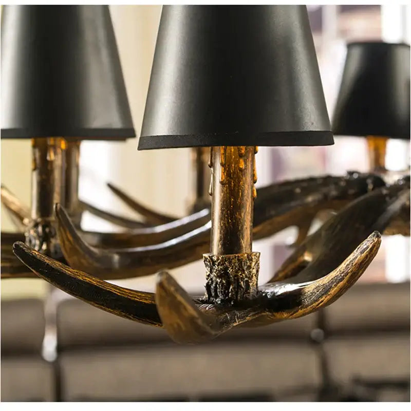 Decorbites antler resin chandelier with black shades and distressed gold finish in american country retro style hanging lamp