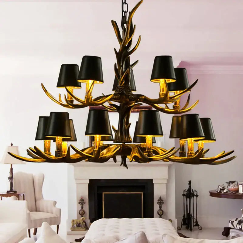 DecorBites antler resin chandelier with black lampshades and golden-brown metallic finish in American country retro style