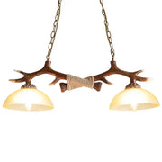 Decorbites antler resin chandelier with two warm glass shades and rustic brown finish for living dining room lighting