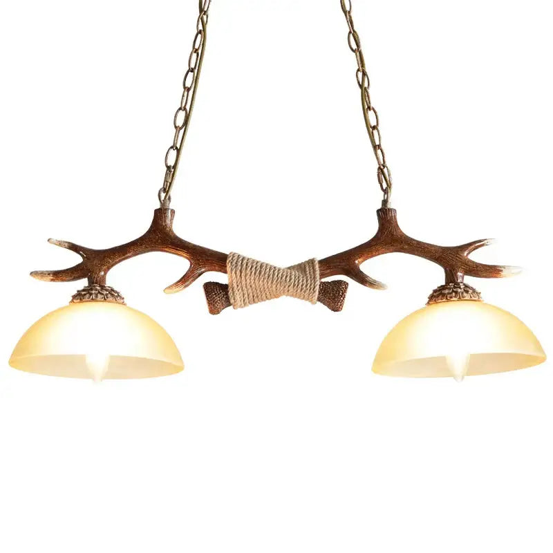 Decorbites antler resin chandelier with two warm glass shades and rustic brown finish for living dining room lighting