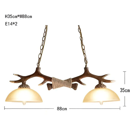 Decorbites antler resin chandelier with two warm glass shades and rustic bronze frame for living or dining room lighting