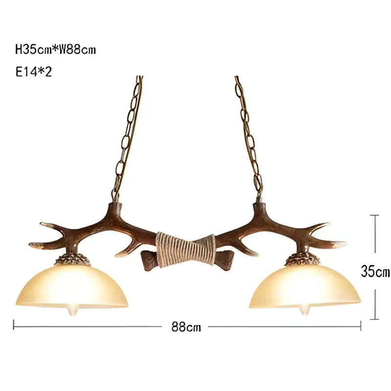 Decorbites antler resin chandelier with two warm glass shades and rustic bronze frame for living or dining room lighting