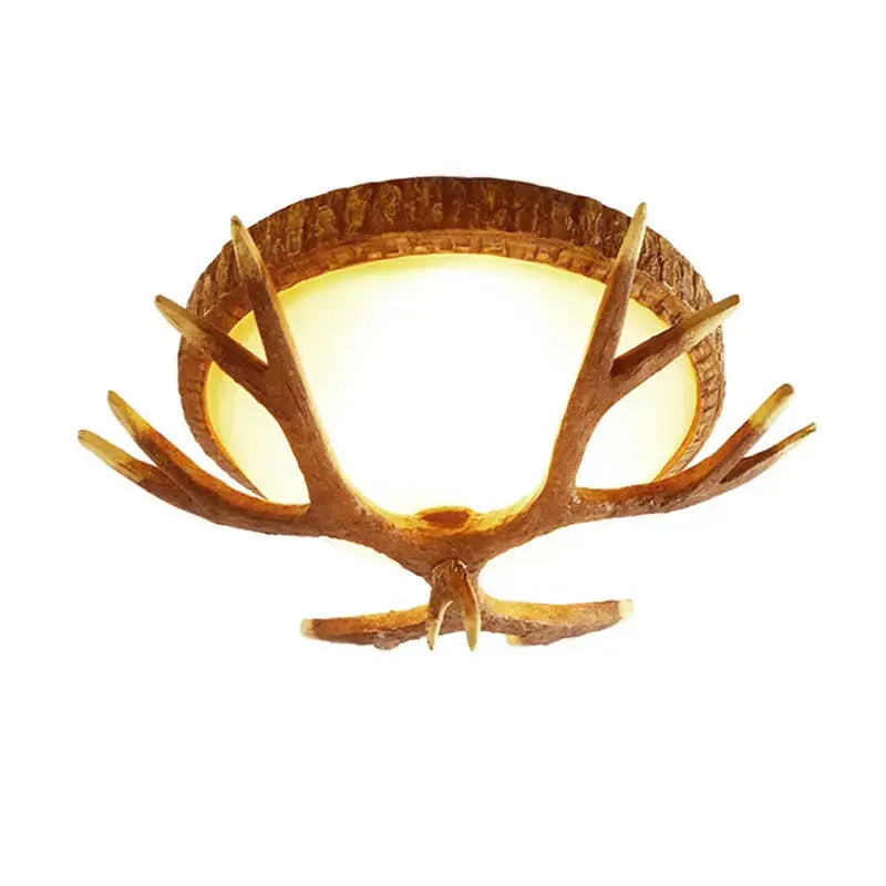 Rustic brown decorbites antler resin glass ceiling light fixture with warm glow in American country retro style home decor