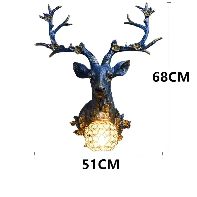 Blue deer head wall lamp with gold accents and glowing crystal globe base decorbites antler wall sconce resin decor