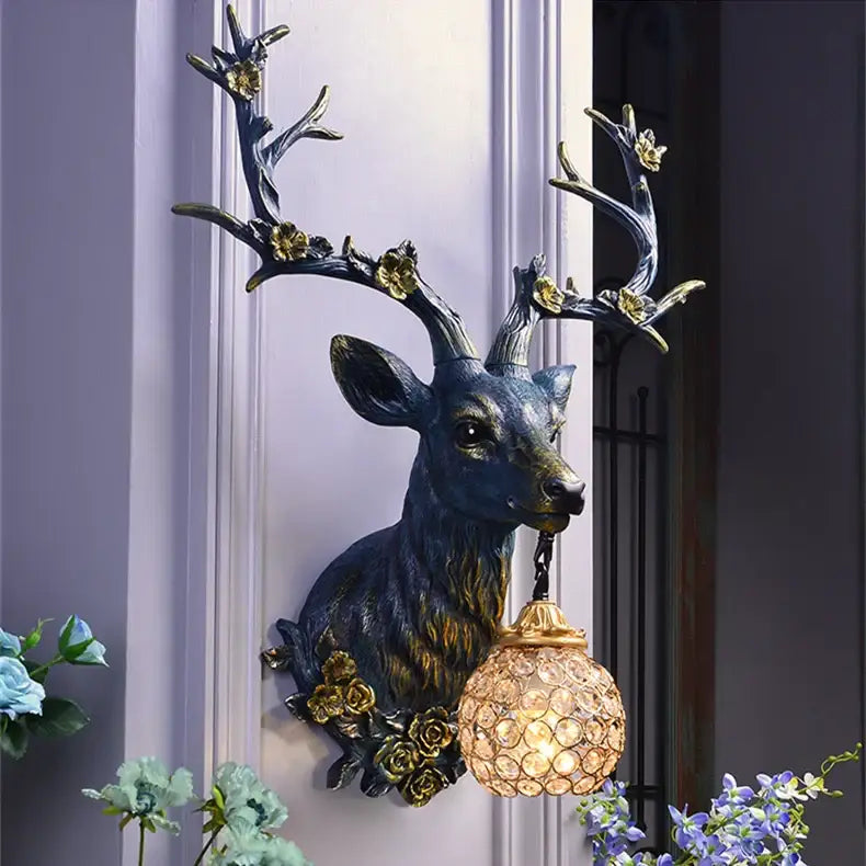 Dark blue and gold resin deer head wall lamp with crystal globe light by decorbites antler wall lamp design