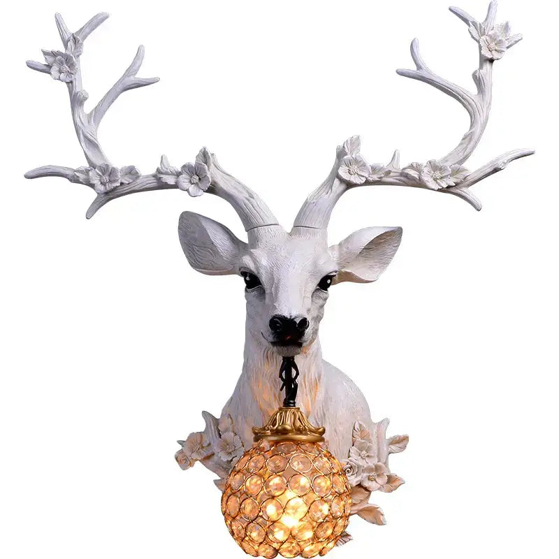 DecorBites antler wall lamp white resin deer head with ornate floral antlers and golden crystal globe light fixture wall lamp