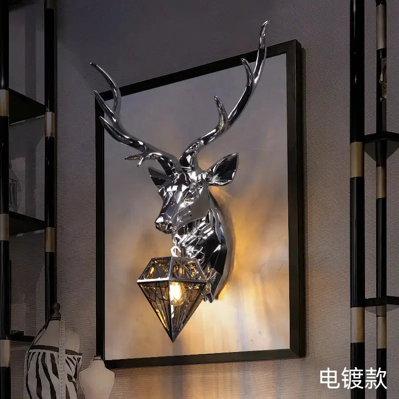 Chrome-finished deer head wall light with geometric diamond glass shade decorbites antlers led wall sconce for modern rooms