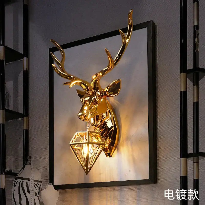 Golden deer head wall light with geometric diamond-shaped fixture by DecorBites antlers led wall for modern decor
