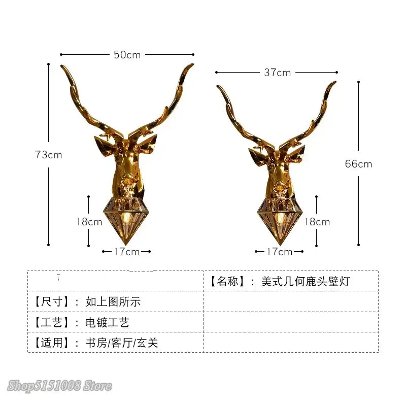Golden geometrically styled deer head wall light with diamond-shaped base decorbites antlers led for modern decor