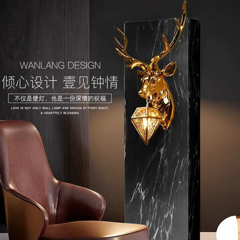 Golden deer head wall light with diamond-shaped light fixture decorbites antlers led wall sconce for modern interiors