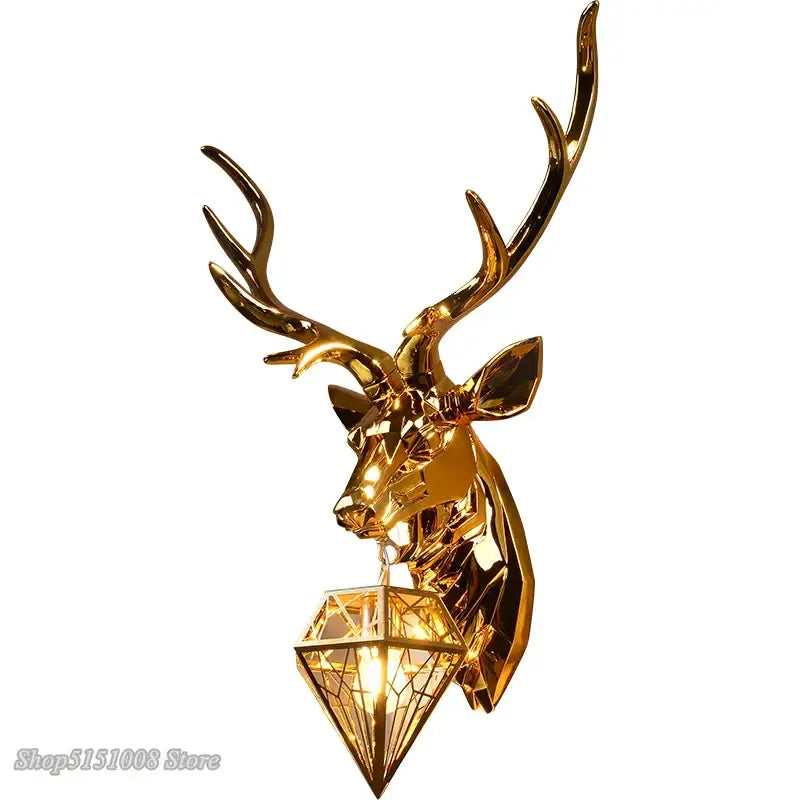 Golden metallic decorbites antlers led wall light with geometric diamond lampshade for modern bedroom or retro living room