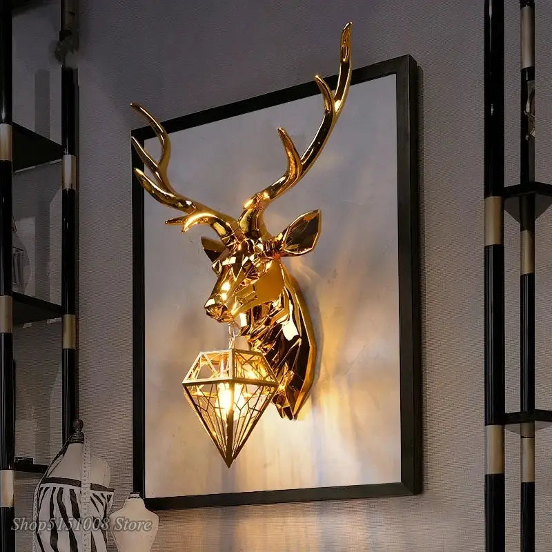 Golden deer head wall light with geometric diamond lampshade from DecorBites antlers LED wall for modern rooms