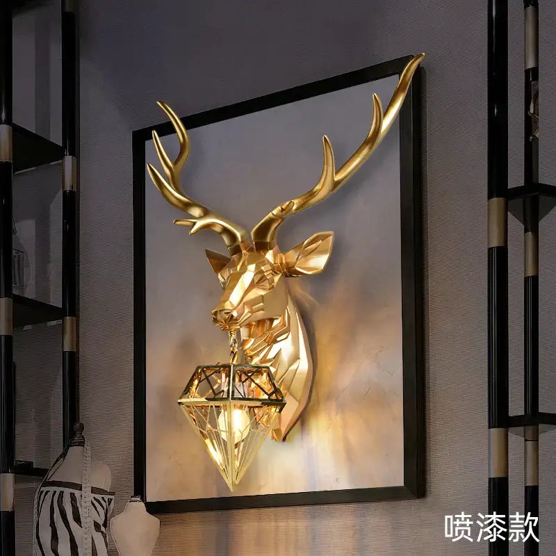 Golden geometric deer head wall light with diamond shaped glass shade decorbites antlers led wall sconce for modern rooms