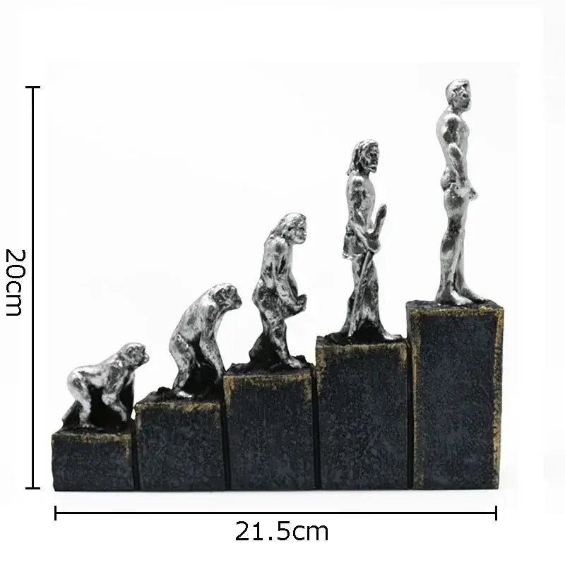 Silver metallic DecorBites ape man evolution sculpture resin artwork on black bases depicting man evolution stages