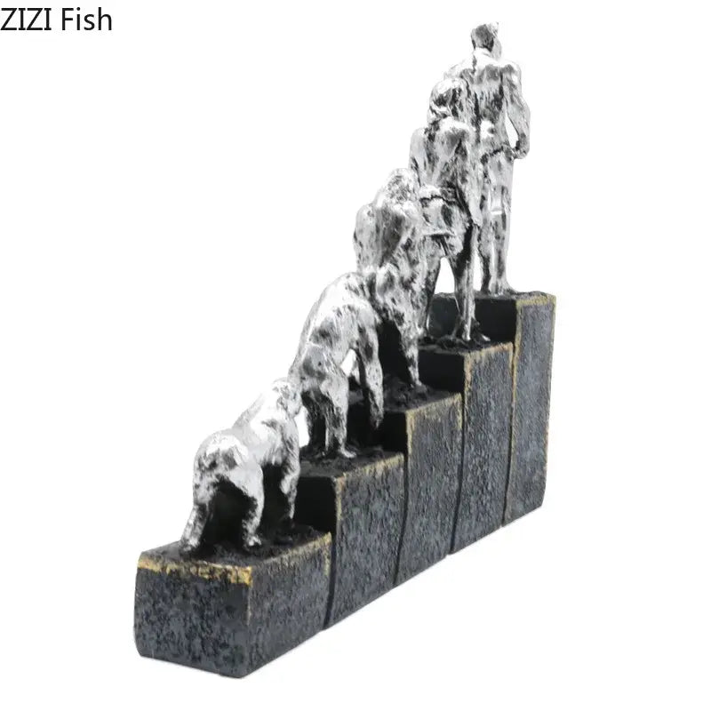 Silver resin decorbites ape man evolution sculpture showing ape to modern man on tiered textured steps model statue