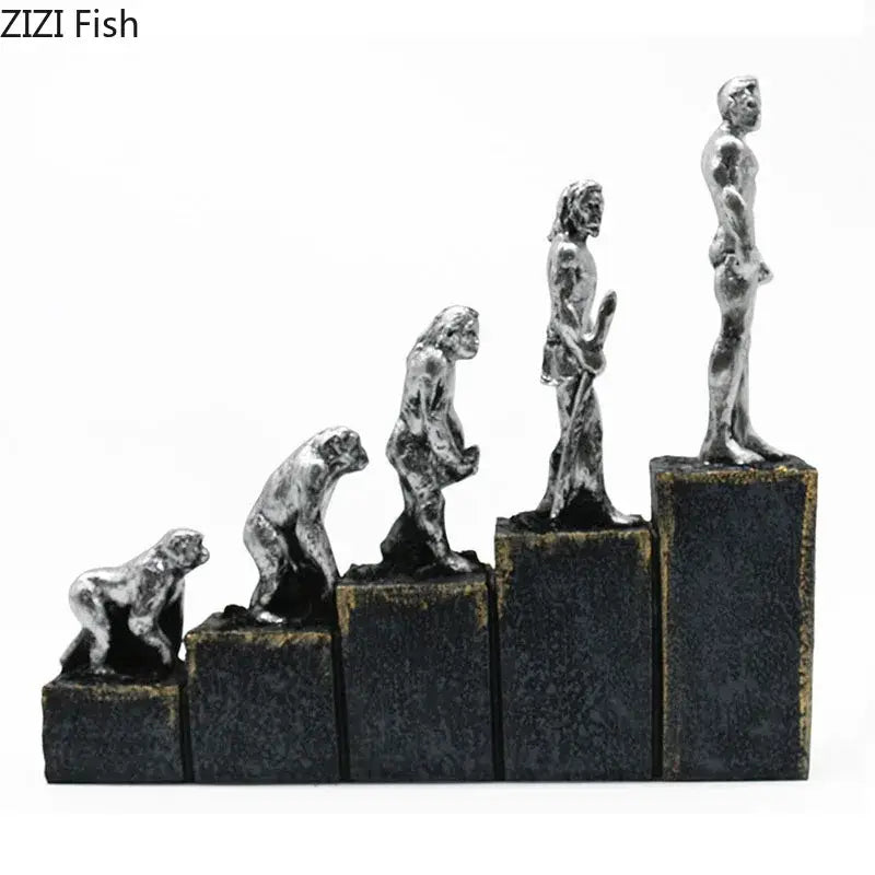 Silver metallic DecorBites Ape Man evolution sculpture resin figurine set on stepped black bases for home decor