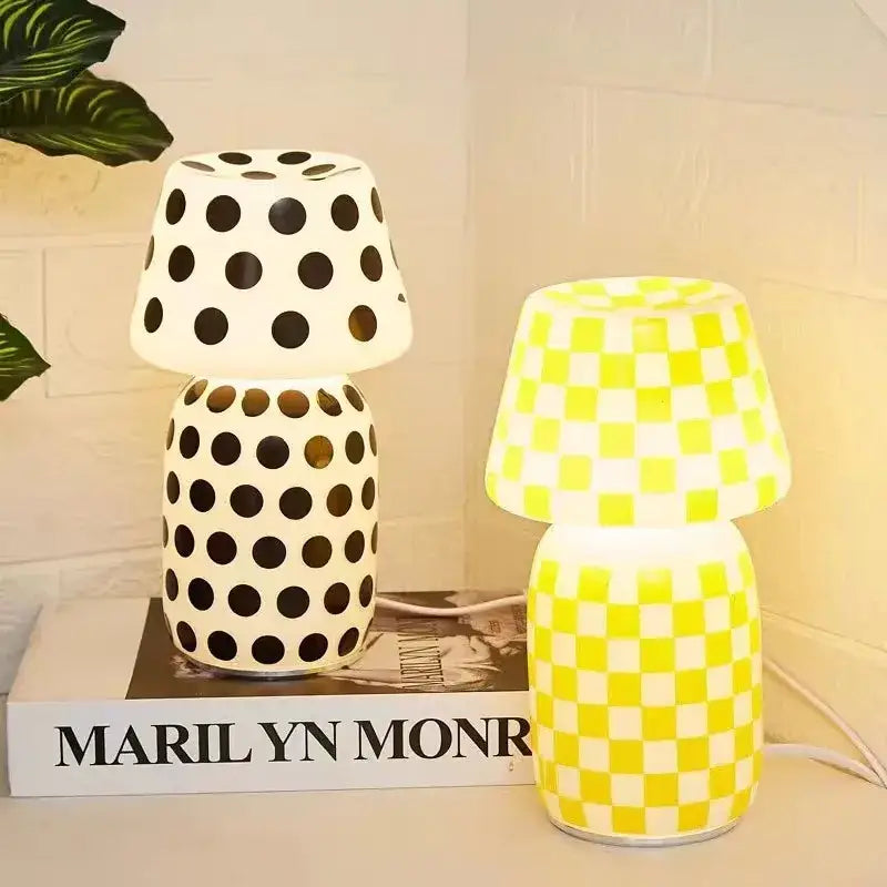 Cream-colored ceramic decorbites apollo mushroom glass table lamp with rounded mushroom-shaped base and matching shade