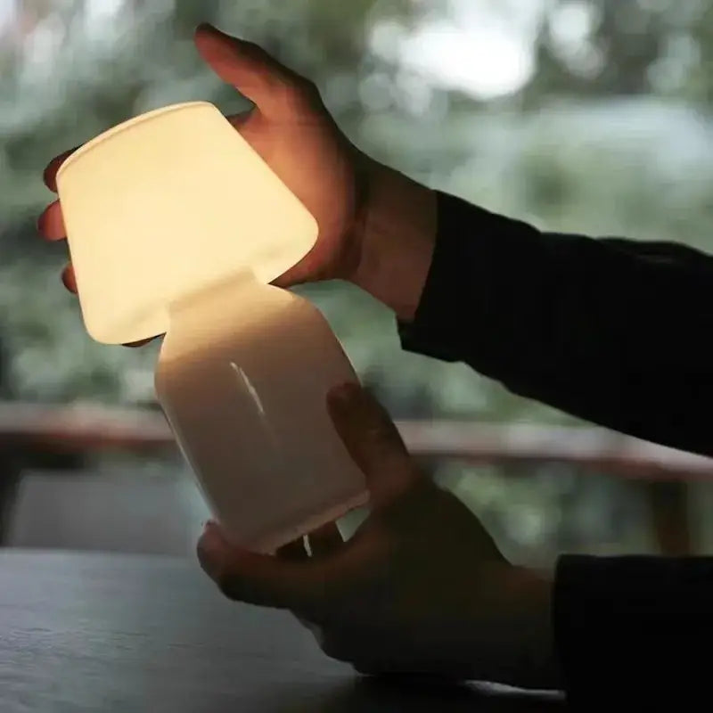 Soft warm-white led decorbites apollo mushroom glass table lamp with stacked cylindrical white glass bedside night light