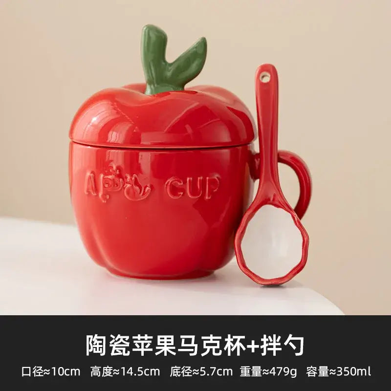Red ceramic decorbites apple fruit mug for kids breakfast with embossed apple cup and matching red spoon
