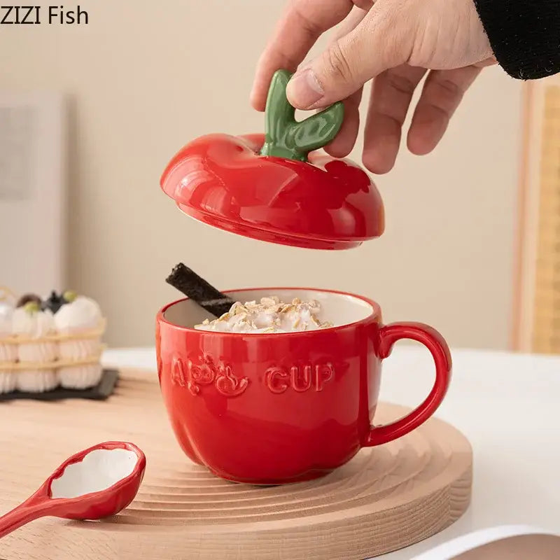 Red ceramic decorbites apple fruit mug with green stem lid embossed with apps cup for kids breakfast and gifts
